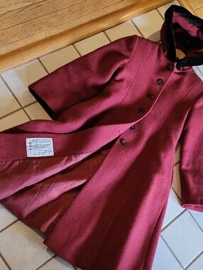 Girls Burgundy Wool Coat with Velvet Trim